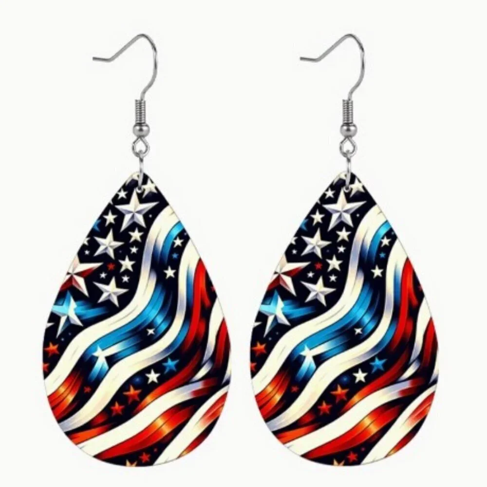 Red And Blue Five-Pointed Star Flag Pattern Leather Earrings Independence Day